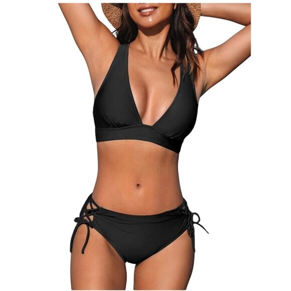 Cupshe Black Bikini Woman Size Small Halter Top Cross back - Picture 4 of 11